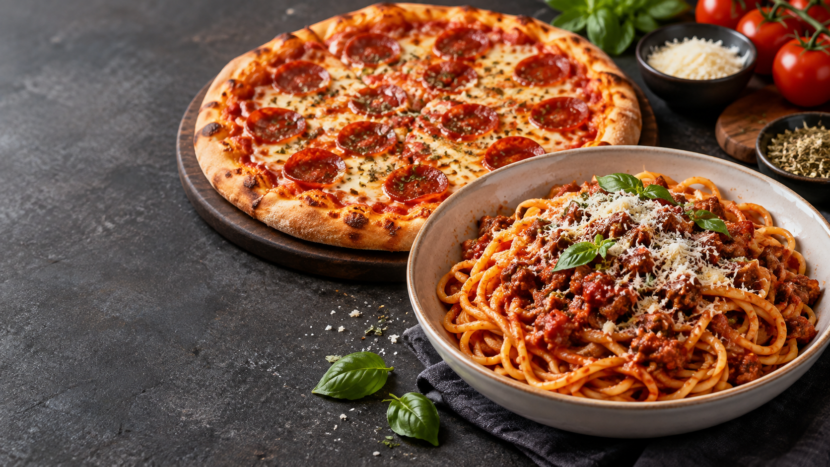Pepperoni pizza beside a bowl of spaghetti with ragu — concept image
